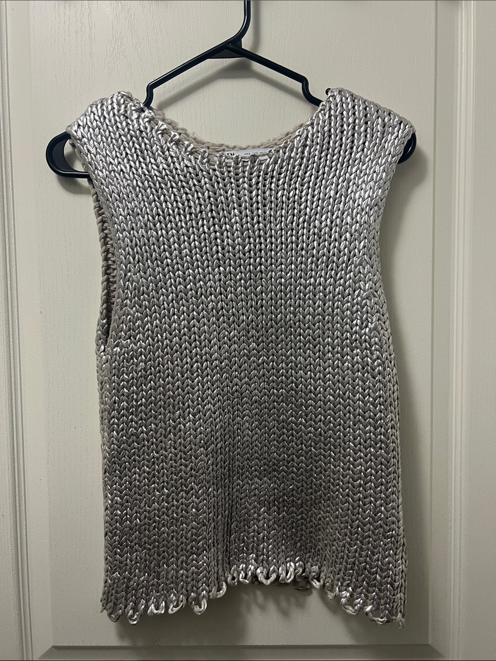 Zara Metallic Silver Sleeveless V-Neck Knit Top